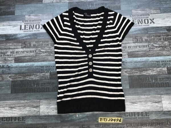 CECIL McBEE セシルマクビー レディース テンセルレーヨン 深Vネック ボーダー 半袖ニットソー ハーフボタン 38 黒白拍卖