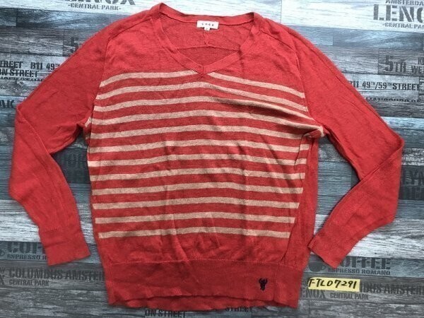 COEN コーエン レディース パネルボーダー ワンポイント刺繍 麻 ニットソー F 赤ベージュ拍卖