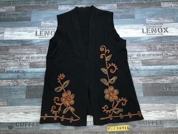 レディース 花刺繍 ニット Vネック ベスト 黒拍卖