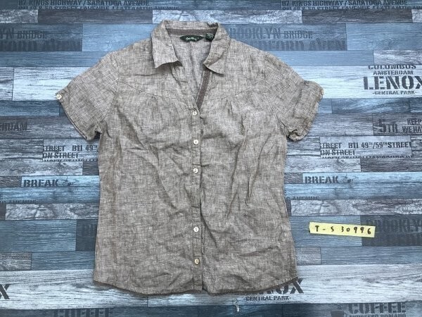 Eddie Bauer エディーバウアー レディース オープンカラー リネン 半袖シャツ S 茶色拍卖