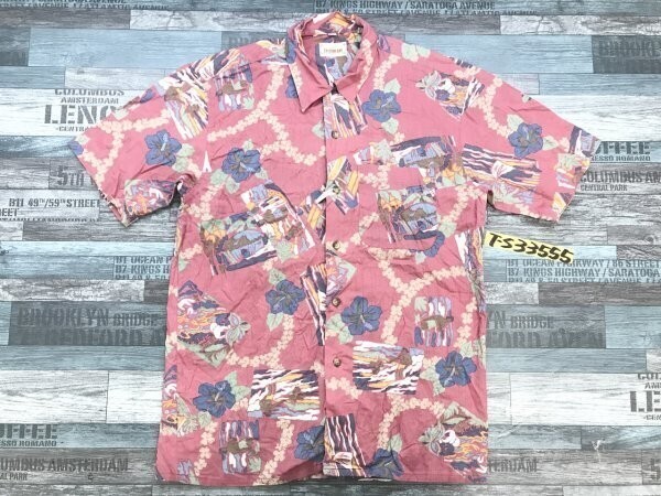 EXCITING BAY メンズ 南国柄 半袖シャツ M くすみ赤拍卖