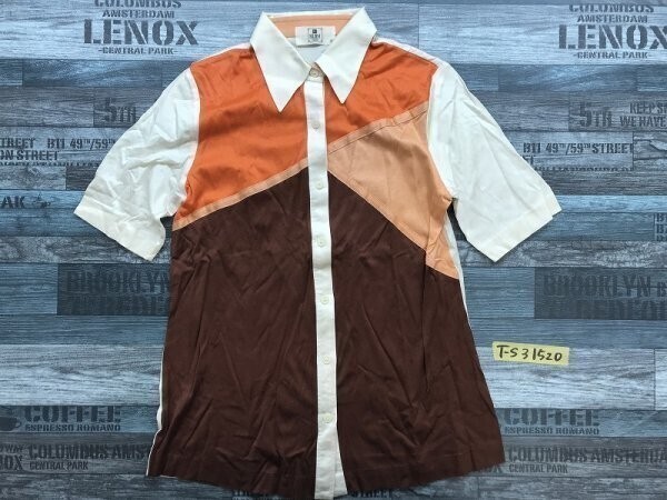 SUN FOR LADIES TOKYO レディース 配色切替 半袖シャツ 9 オレンジアイボリー茶拍卖