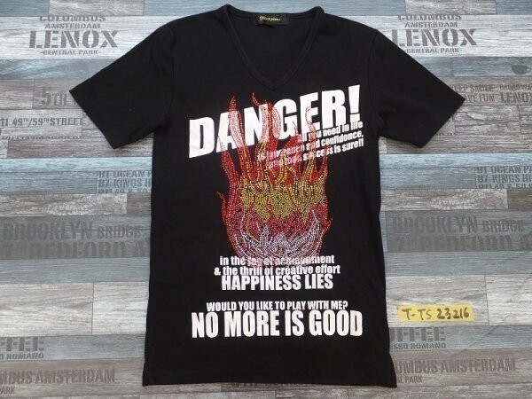 PLACE PLAN メンズ 細身 お兄系 ライトストーン 炎 Vネック 半袖Tシャツ L 黒白拍卖