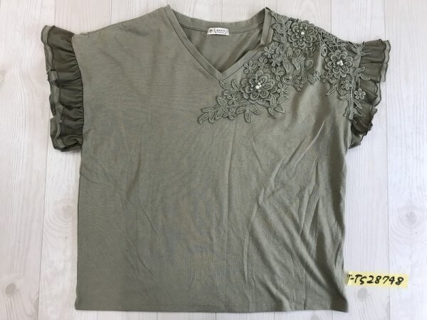 axes femme アクシーズファム レディース レース付き Vネック 袖 フリル 半袖Tシャツ M カーキ拍卖