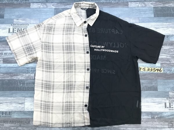 CAPTURE レディース チェック 切替 シアー半袖シャツ L ベージュ黒拍卖