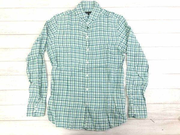 デザインワークス DESIGNWORKS レトロ トラッド クラシック モダン チェック ホリゾンタルカラー 長袖 シャツ メンズ リネン麻100% 50 緑白拍卖