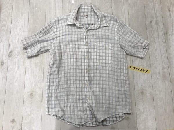BEAMS ビームス メンズ 日本製 チェック柄 半袖シャツ S 白ベージュ水色拍卖
