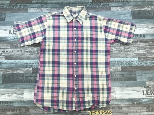 NEVER SEEN THING メンズ チェック 半袖シャツ L くすみベージュ青拍卖