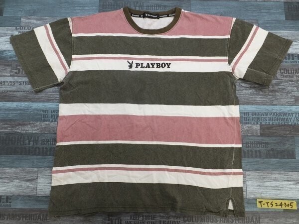 PLAYBOY プレイボーイ メンズ ロゴ刺繍 ボーダー 半袖Tシャツ M カーキピンク白拍卖