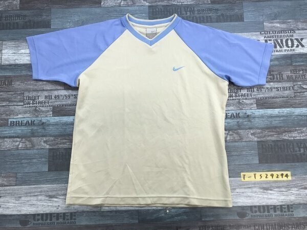 NIKE ナイキ レディース ロゴ刺繍 Vネック 半袖Tシャツ L 水色カーキ拍卖