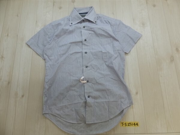 NOLLEY'S ノーリーズ メンズ 日本製 ストライプ ボタンダウン シャープモデル 半袖シャツ S 紺白拍卖