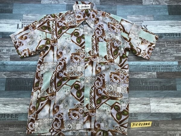 SUN DENISU メンズ ゴルフ 総柄 ポリエステル 半袖シャツ 日本製 M 水色茶拍卖