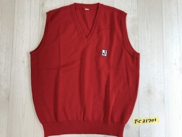 レディース Vネック ウールニットベスト ワッペン付き L 赤拍卖