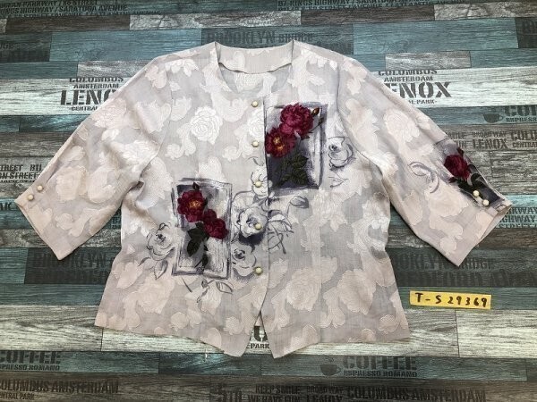 ノーブランド レディース ボタニカル柄 ノーカラー 薄手 ジャケット L ライトグレー拍卖