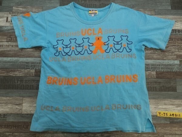 UCLA メンズ 日本製 ロゴ・ベアシルエットプリント コットン半袖Tシャツ 水色オレンジ他拍卖