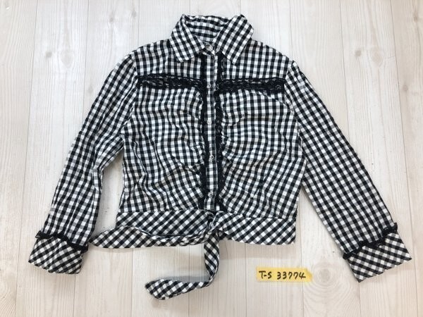 G.F.fashion レディース ギンガムチェック レース 前リボンシャツ M 白黒拍卖