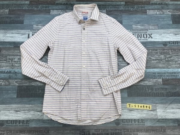 Retentis club メンズ ボーダー ボタンダウン 長袖シャツ 青赤ライトグレージュ拍卖