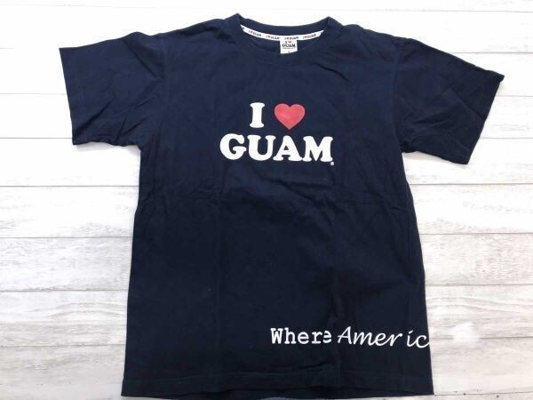 IGUAM アイラブグアム アメカジ サーフ リゾート お土産 スーベニア ハートロゴ ビックプリント 半袖Tシャツ メンズ コットン100% S 紺拍卖