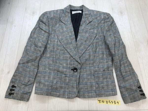 Guido Pasquali レディース 肩パッド入 チェック ボタンホール牛革 リネンジャケット 春秋 日本製 42 黒青薄いグレー拍卖
