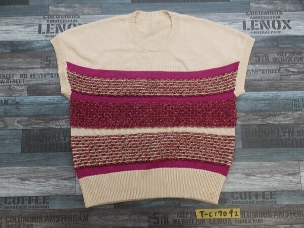 美品!ON CILIE レディース 立体ボーダー ニットプルオーバーカットソー M ベージュマゼンタMIX拍卖