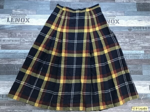 Viyella レディース ウール チェック ロングスカート 9 紺金赤拍卖