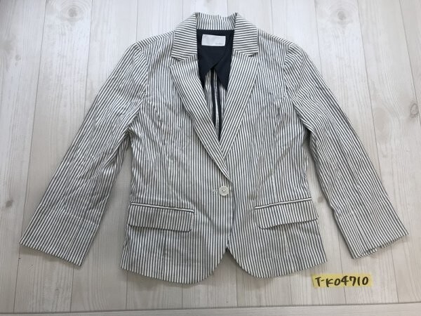 index インデックス レディース 袖スリット入り ストライプ ストレッチジャケット 春秋 M アイボリーチャコールグレー拍卖