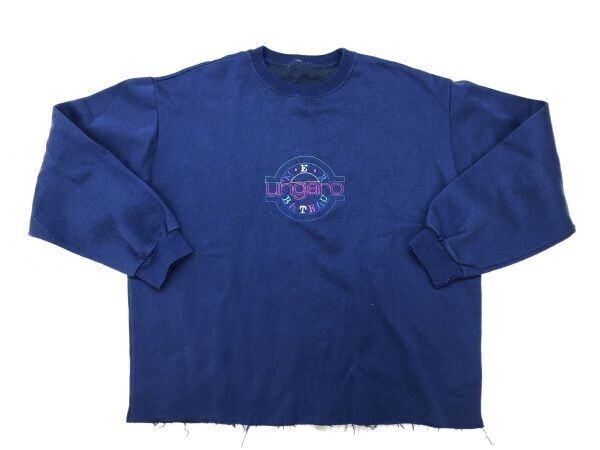 エマニュエルウンガロ Emanuel Ungaro レトロ 裾切りっぱなし クロップド スウェット トレーナー トップス 男女兼用 ロゴ刺繍 裏起毛 XL 紺拍卖