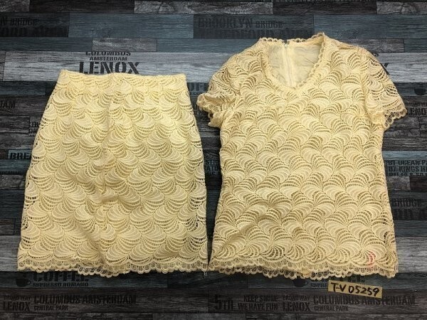 ノーブランド レディース レース 織柄 半袖カットソー・スカート 上下セットアップ 下63 黄色拍卖