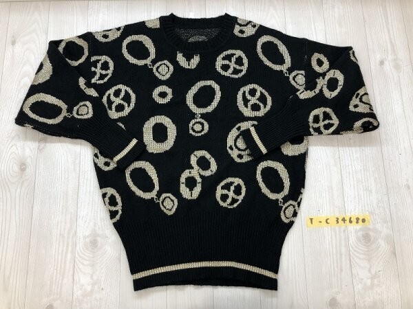 レディース 全柄織り リブ切り替え ニットセーター 黒ゴールド拍卖