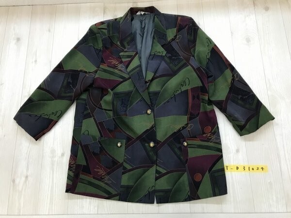 SEPTETE レディース 肩パッド入 薄手 レトロ 総柄 ジャケット L 緑エンジなど拍卖