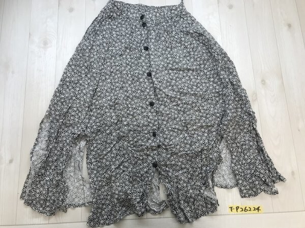 ノーブランド レディース 裾スリット入り 花 和柄 とろみ フロントボタン ロングスカート 黒白拍卖