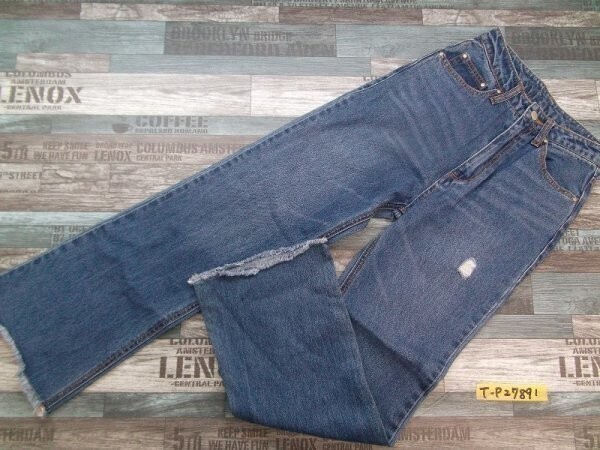 ノーブランド レディース キッズ ダメージ加工 ワイドデニムジーンズパンツ 61-81 紺拍卖