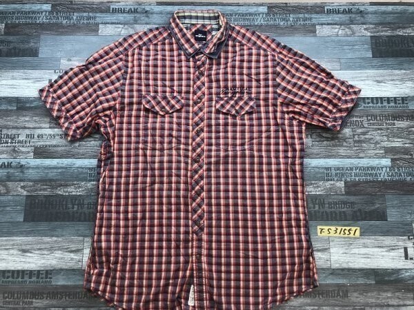 engbers メンズ フラップダブルポケット ロゴ刺繍 チェック 半袖シャツ L 紺赤拍卖