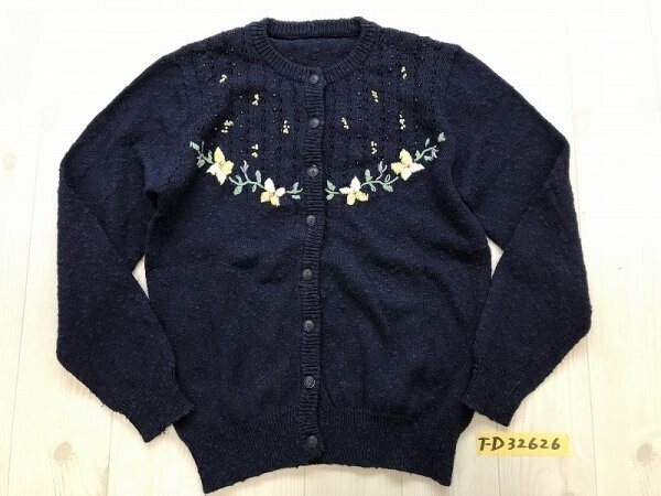 レディース 日本製 花刺繍 ビジュー付き アセテート綿他 ニットカーディガン ネイビー拍卖