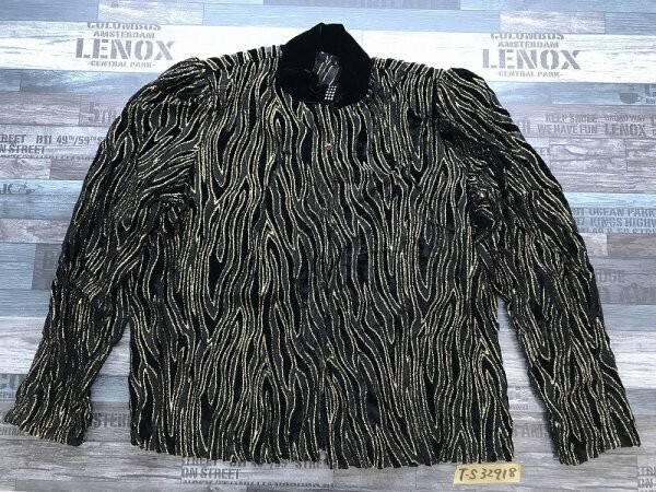 レディース 韓国製 ベロア調 総柄 肩パッド付き シアーシャツ 黒ゴールド拍卖