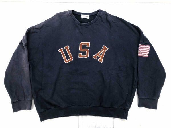 ブラックスミスアパレル BLACKSMITH APPAREL アメカジ スポーツ フロッキープリント 星条旗ワッペン スウェット トレーナー メンズ 紺拍卖