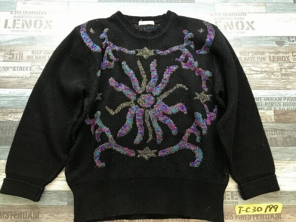 ALVEOLE レディース フロント柄入 レトロニットセーター 肩パッド付き 毛アンゴラ混アクリル他 黒拍卖