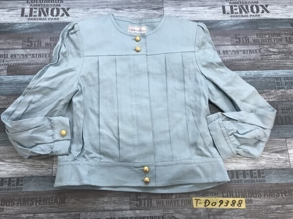 JONA ROSA レディース 肩パッド タック入り ノーカラー 比翼 レトロ リネン ジャケット 11AB3 くすみ水色拍卖