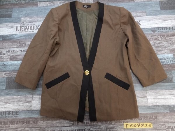 t-fashion レディース 日本製 裏地 ウール 肩パッド入 ワンボタン 秋冬 ノーカラージャケット L カーキ黒拍卖