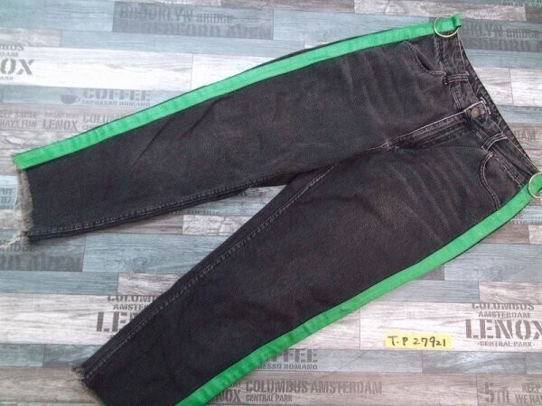 BERSHKA ベルシュカ ZARA ザラ レディース レザーサイドライン カラーデニムジーンズパンツ 38 黒緑拍卖