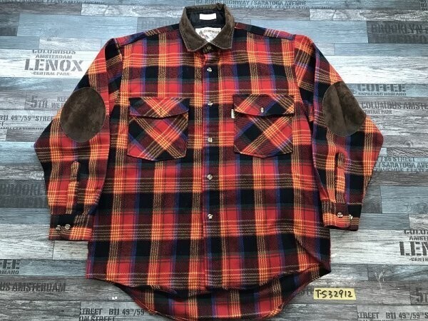 STEP WALK メンズ チェック ダブルポケット 襟・肘当てスエード切替 長袖シャツ 赤茶他拍卖