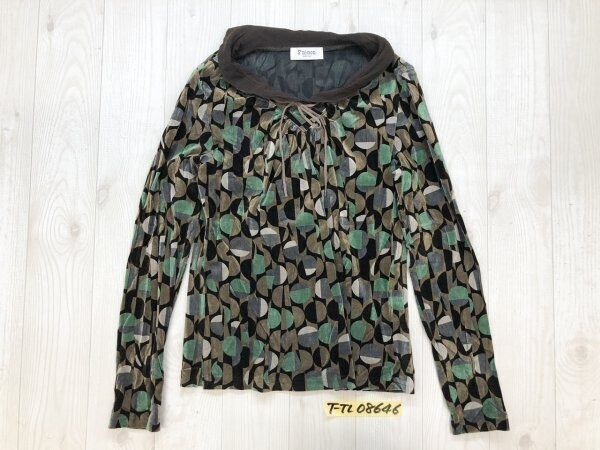 Seninon レディース 日本製 ベロア調 総柄 リボン結 カットソー 茶カーキ拍卖