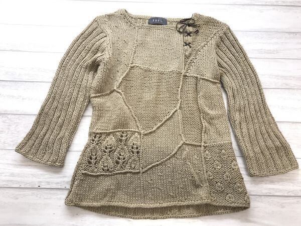 puel プエル オールド レトロ ロマンチック 古着 パッチワーク 編み上げ レースアップ コットン ニット トップス レディース M ベージュ拍卖