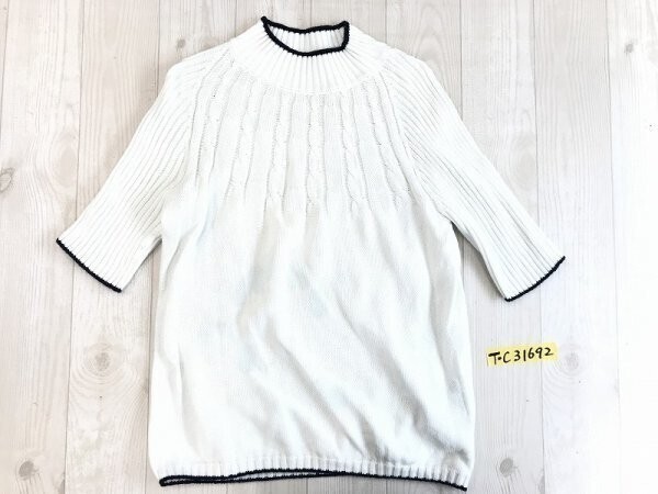 Fairfield レディース 日本製 ハイネック 五分袖 コットンニットセーター L 白黒拍卖