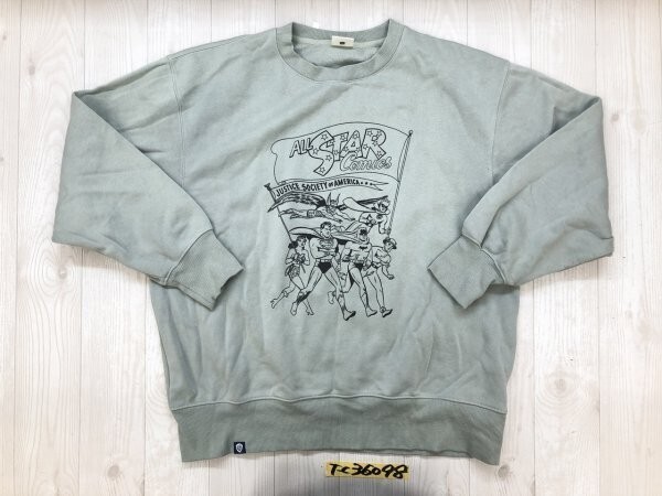 GU ジーユー × DC JUSTICE LEAGUE メンズ アメコミ ヒーロー 裏起毛 スウェットトレーナー 大きいサイズ XL くすみグリーン拍卖