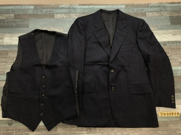 DUCALE メンズ 背抜き ウール 細ストライプ ジャケット・ベスト 上のみ2点セット 94-82-170 ネイビー拍卖