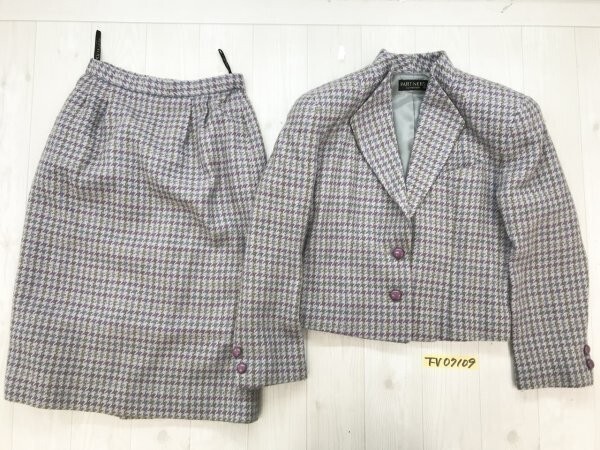 PART NER’S レディース 起毛 ウール 千鳥柄 スカートスーツ 上下セットアップ 9 紫グレーカーキ拍卖