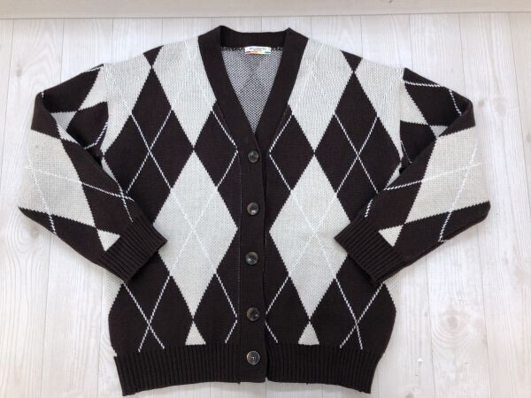 BBALJUNOCHO 韓国モード クワイエット ラグジュアリー ハイストリート 古着 アーガイル ニット Vネック カーディガン レディース 茶色/白拍卖