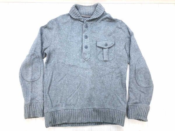 ランズエンド LANDS‘END アメカジ リブ切替 ショールカラー ハーフボタン エルボーパッチ スウェット トレーナー シャツ メンズ M グレー拍卖