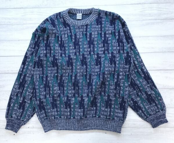 GRAFIX オールド レトロ アウトドア カントリー 古着 メンズ ジャガード 総柄 ニット セーター アクリル100% 大きいサイズ XL 青拍卖